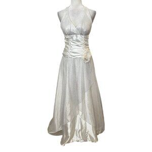 Josh Jazz Women's Prom Dress White Sheer Polka Dot Lace Up Back Zip Size 7/8